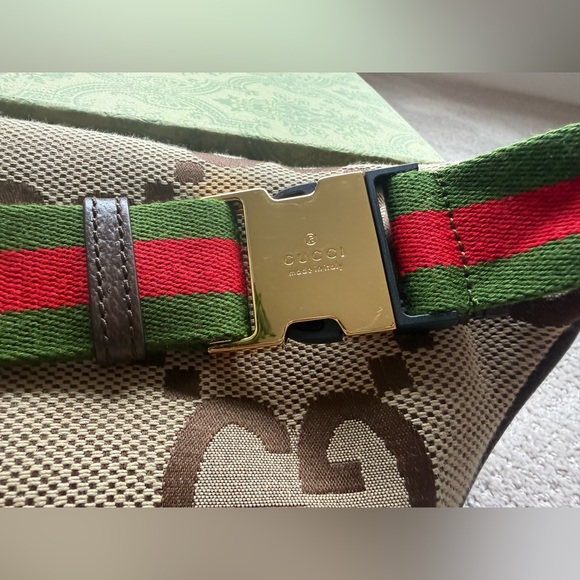 GUCCI Monogram Jumbo GG Textured Dollar Calfskin Web Belt Bag - Picture 3 of 16
